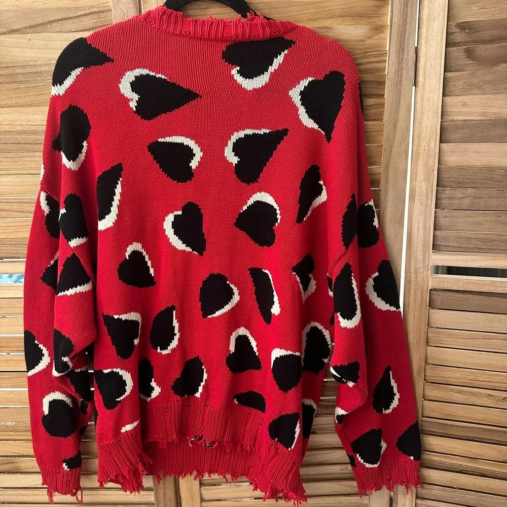 R13 Hearts Oversized Sweater Crew Pullover Distressed Punk Street Intarsia Red M - Picture 5 of 8